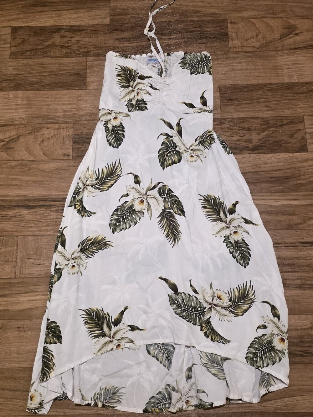 White Tropical Halter Maxi Dress with Green Palm Print